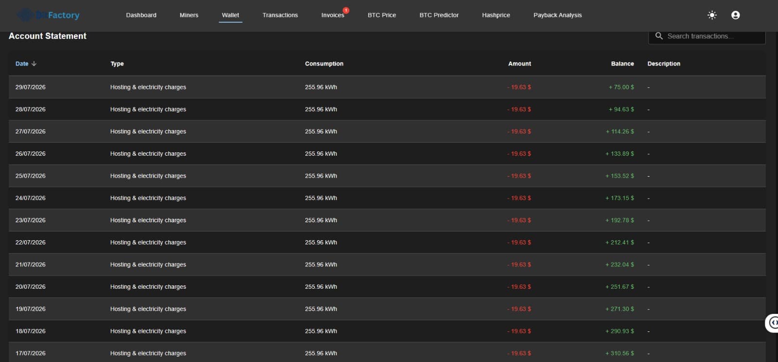 BitFactory dashboard: Account statement
