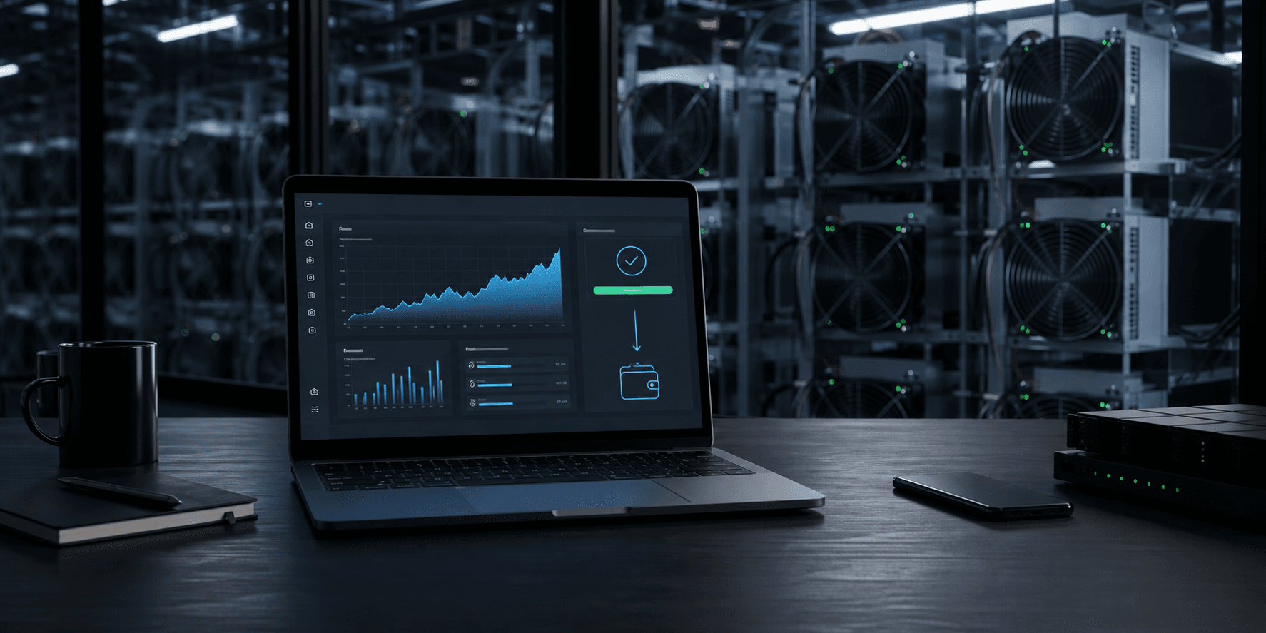 A mining dashboard monitoring active ASIC miners and wallet payouts