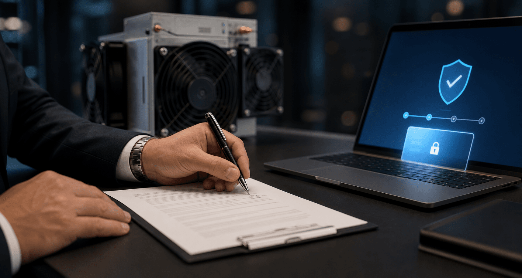 A client signing a hardware agreement beside a secure payment screen